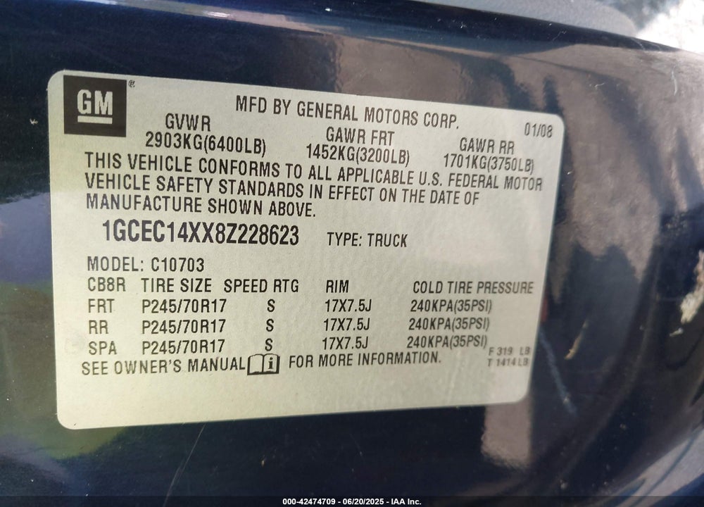 2008 CHEVROLET SILVERADO 1500 WORK TRUCK VIN: 1GCEC14XX8Z228623