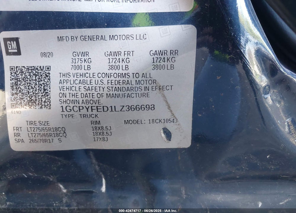 2020 CHEVROLET SILVERADO 1500 VIN: 1GCPYFED1LZ366698