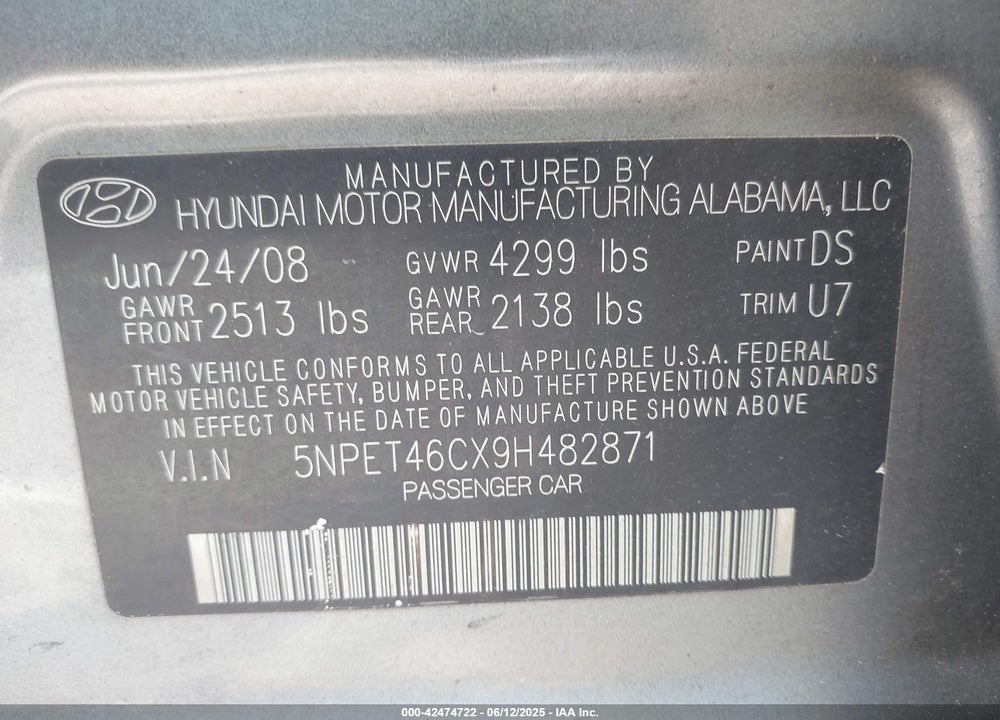 2009 HYUNDAI SONATA GLS VIN: 5NPET46CX9H482871