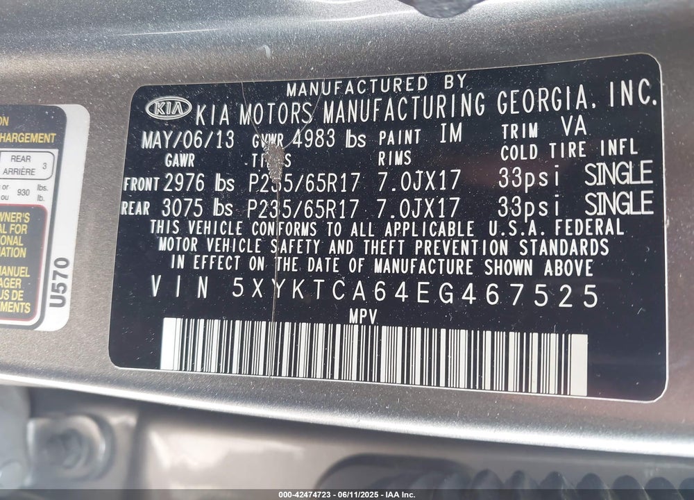 2014 KIA SORENTO VIN: 5XYKTCA64EG467525