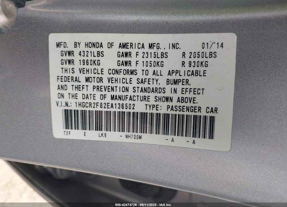2014 HONDA ACCORD VIN: 1HGCR2F82EA136502