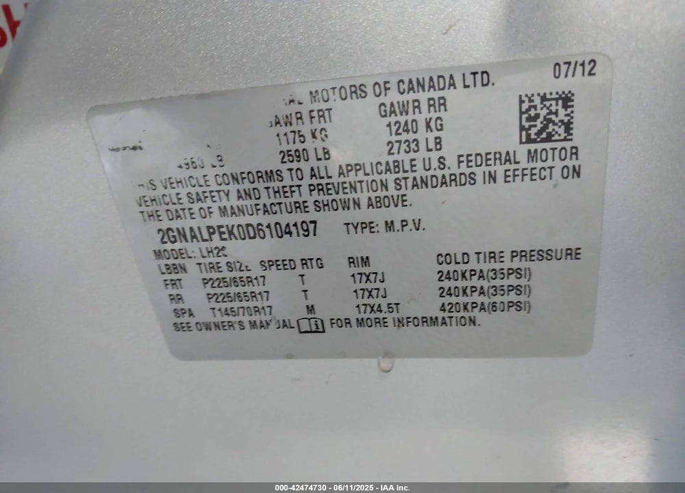 2013 CHEVROLET EQUINOX VIN: 2GNALPEK0D6104197