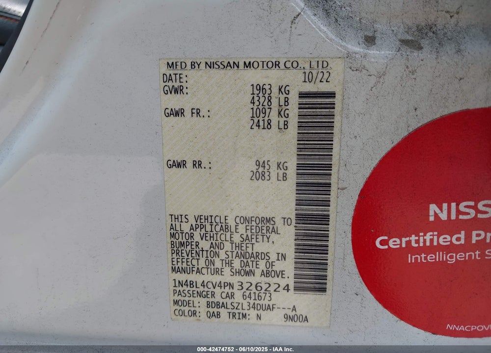 2023 NISSAN ALTIMA VIN: 1N4BL4CV4PN326224