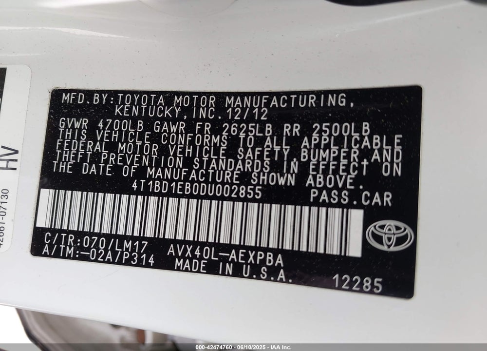 2013 TOYOTA AVALON HYBRID VIN: 4T1BD1EB0DU002855