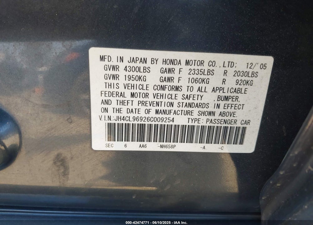2006 ACURA TSX VIN: JH4CL96926C009254