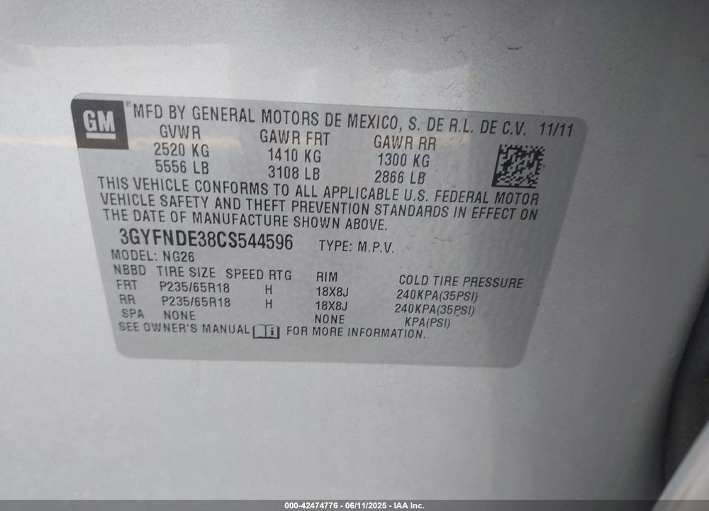 2012 CADILLAC SRX LUXURY COLLECTION VIN: 3GYFNDE38CS544596
