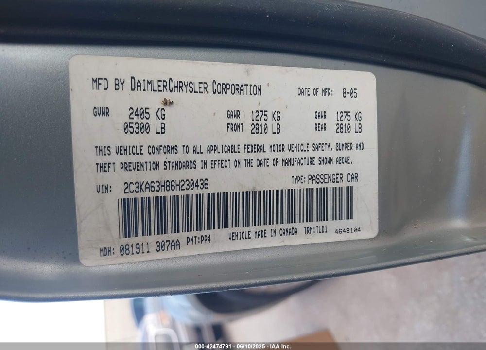 2006 CHRYSLER 300C VIN: 2C3KA63H86H230436