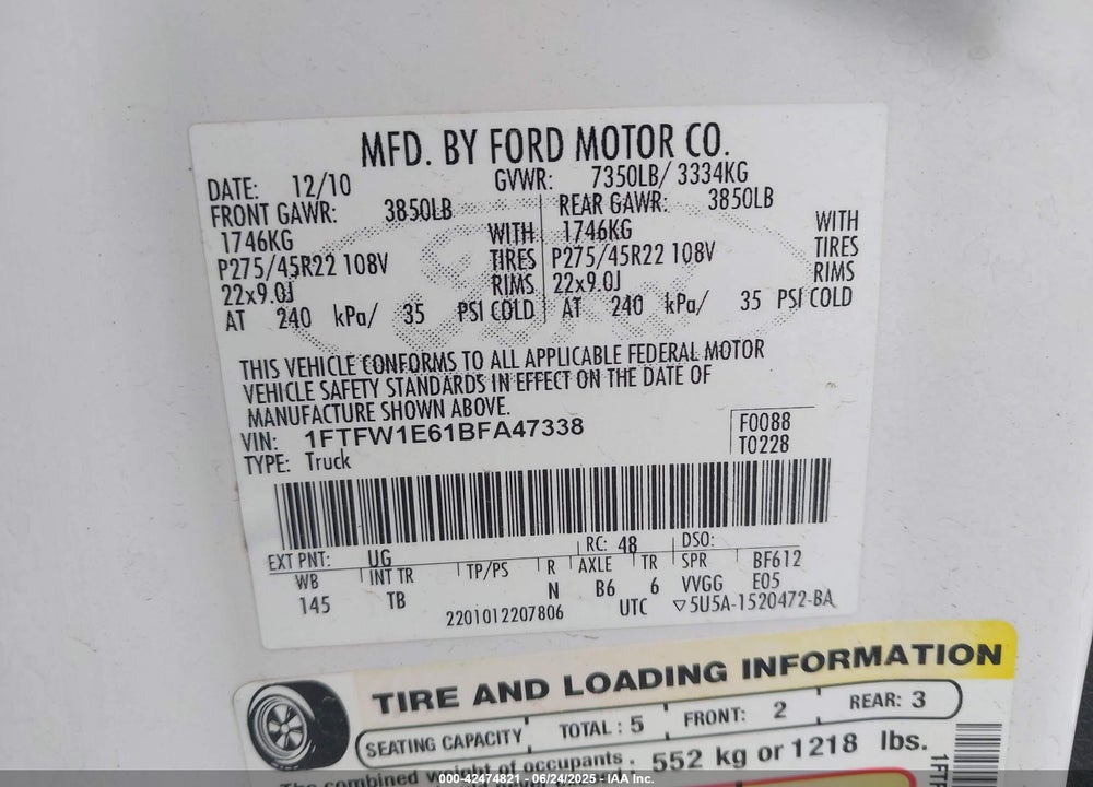 2011 FORD F-150 LARIAT LIMITED VIN: 1FTFW1E61BFA47338