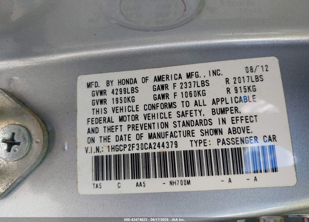 2012 HONDA ACCORD VIN: 1HGCP2F30CA244379