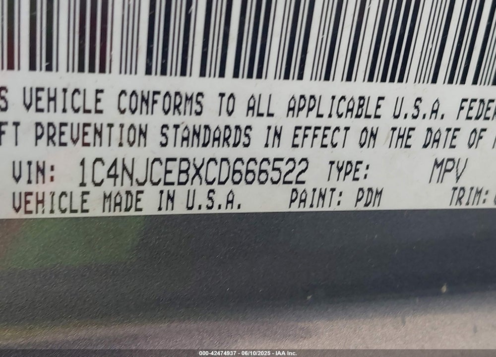 2012 JEEP COMPASS VIN: 1C4NJCEBXCD666522