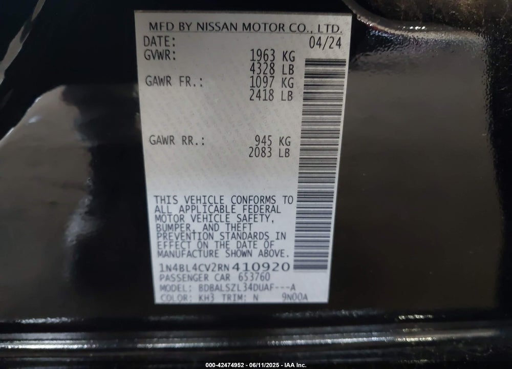 2024 NISSAN ALTIMA VIN: 1N4BL4CV2RN410920