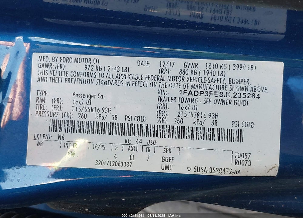 2018 FORD FOCUS SE VIN: 1FADP3FE8JL235284