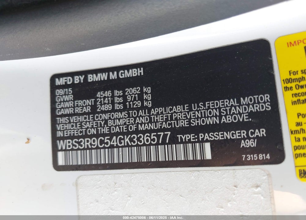2016 BMW M4 VIN: WBS3R9C54GK336577