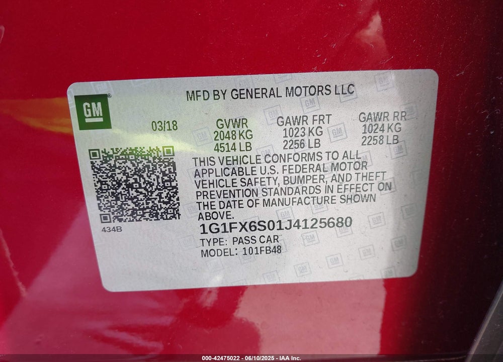 2018 CHEVROLET BOLT EV PREMIER VIN: 1G1FX6S01J4125680