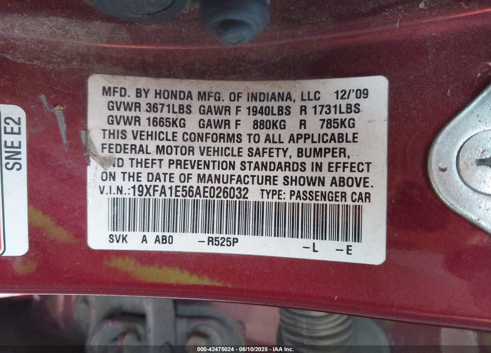 2010 HONDA CIVIC VIN: 19XFA1E56AE026032