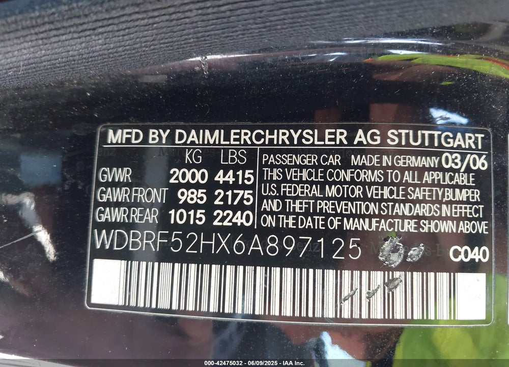 2006 MERCEDES-BENZ C 230 VIN: WDBRF52HX6A897125