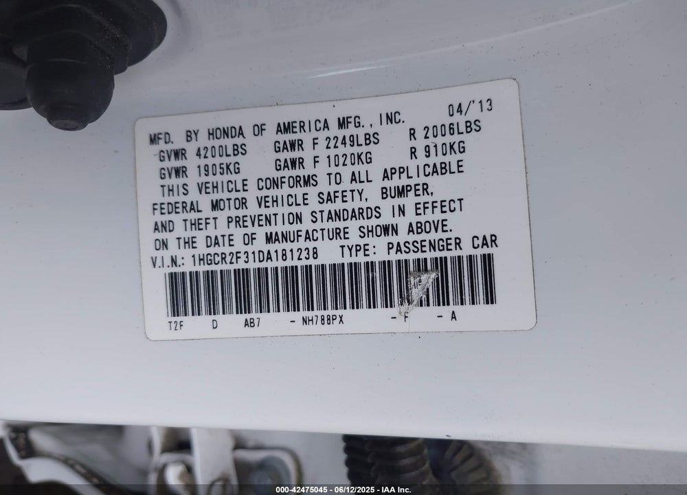 2013 HONDA ACCORD VIN: 1HGCR2F31DA181238