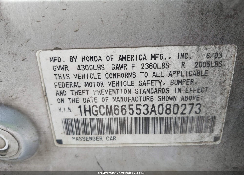 2003 HONDA ACCORD 3.0 EX VIN: 1HGCM66553A080273