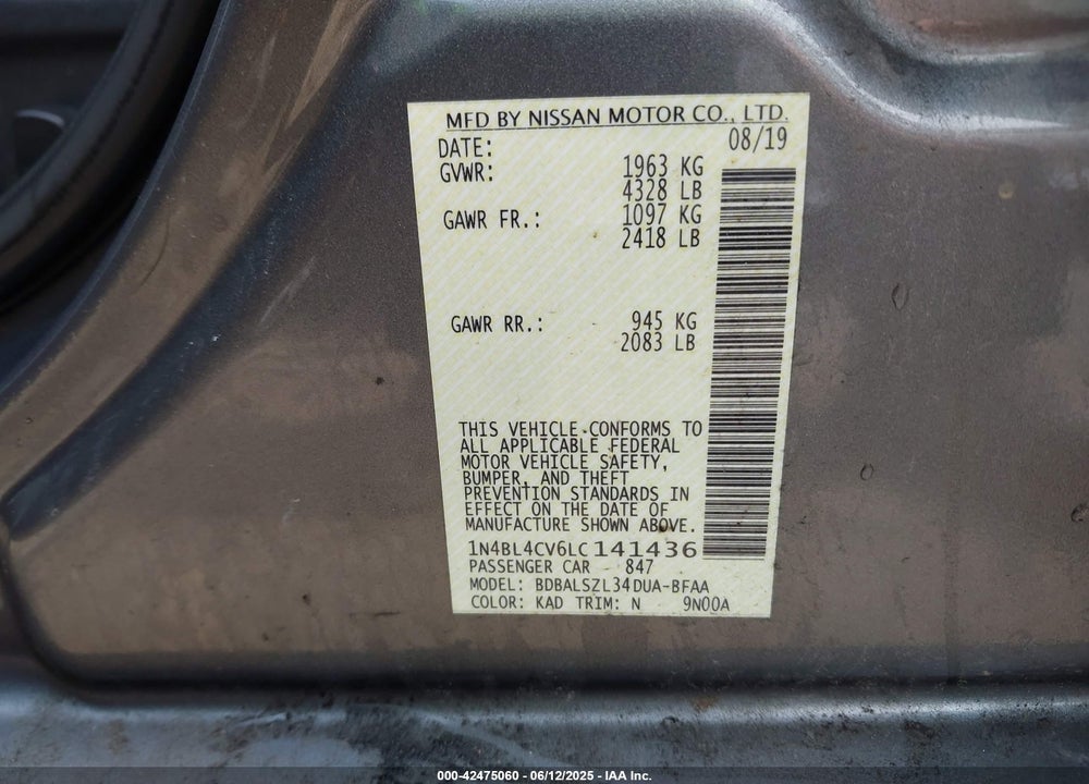 2020 NISSAN ALTIMA VIN: 1N4BL4CV6LC141436