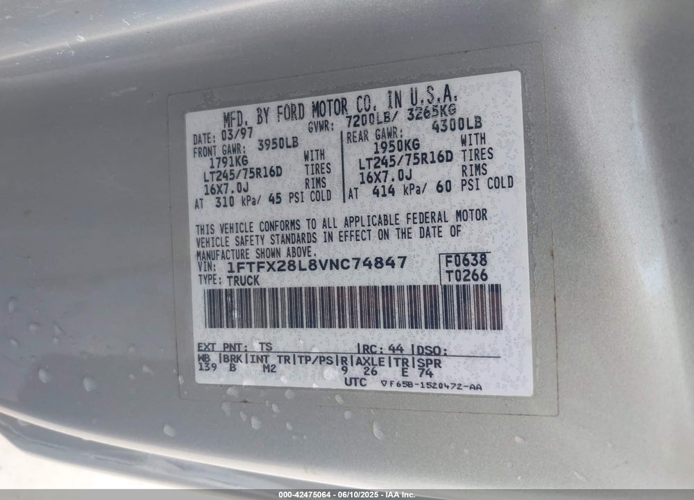 1997 FORD F-250 VIN: 1FTFX28L8VNC74847