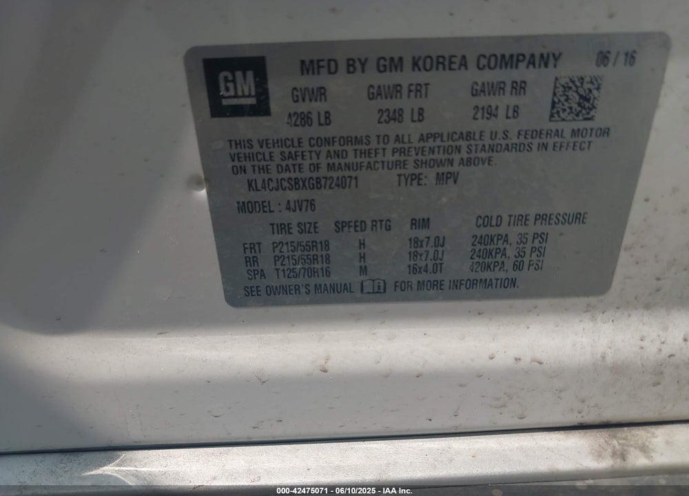 2016 BUICK ENCORE VIN: KL4CJCSBXGB724071