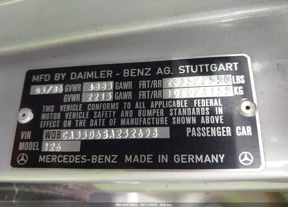 1986 MERCEDES-BENZ 420 SEL VIN: WDBCA35D6GA252698