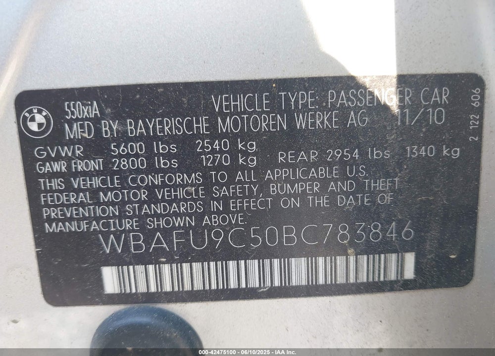 2011 BMW 550I VIN: WBAFU9C50BC783846
