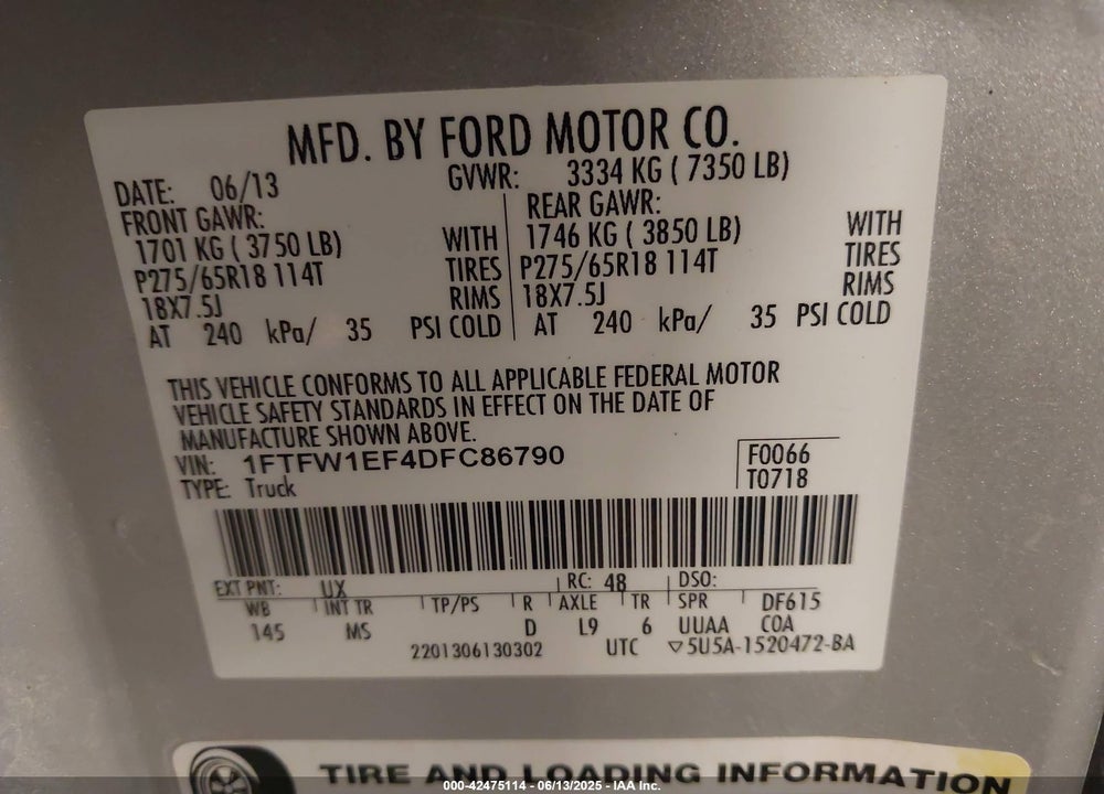 2013 FORD F-150 VIN: 1FTFW1EF4DFC86790