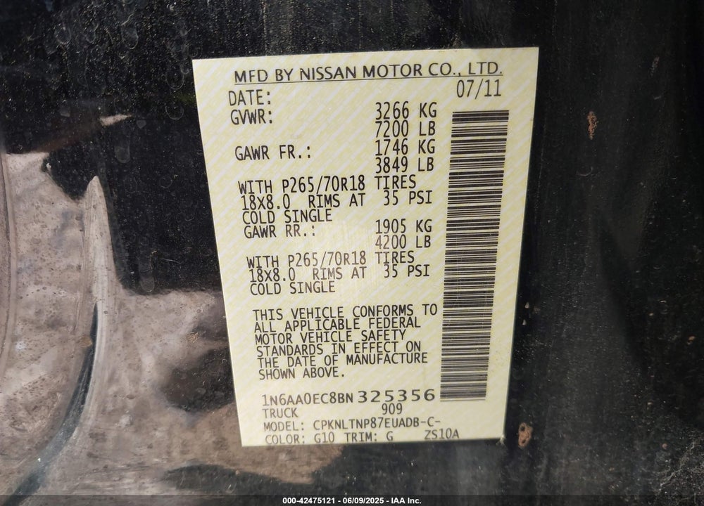 2011 NISSAN TITAN SV VIN: 1N6AA0EC8BN325356