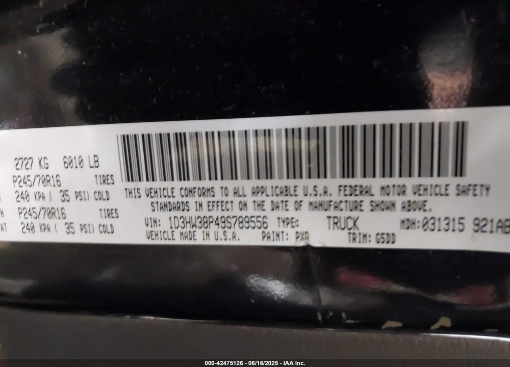 2009 DODGE DAKOTA VIN: 1D3HW38P49S789556