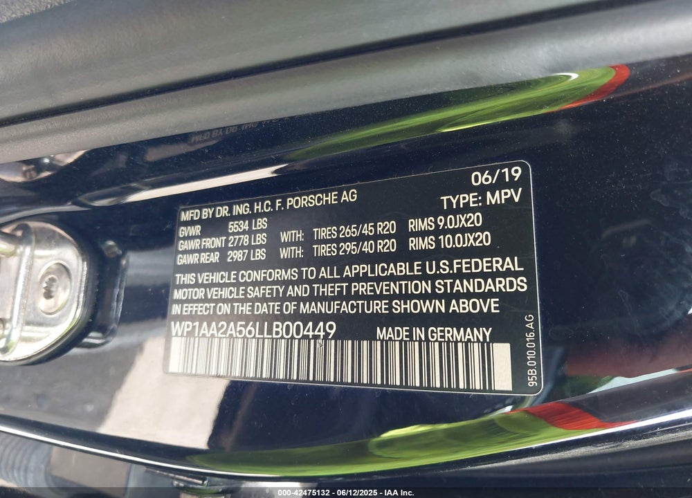 2020 PORSCHE MACAN VIN: WP1AA2A56LLB00449