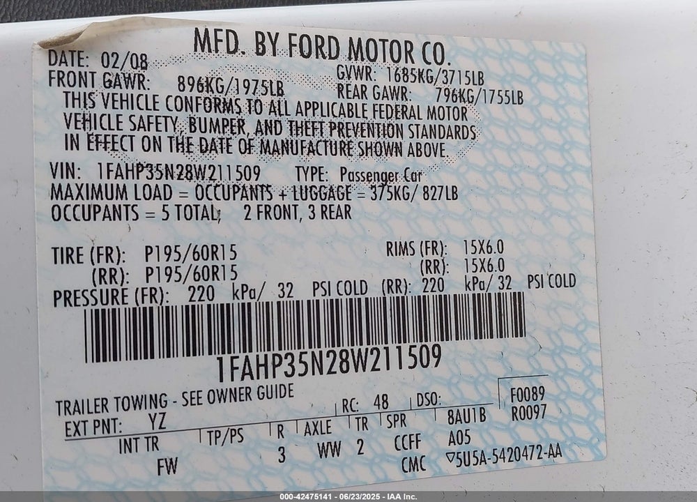 2008 FORD FOCUS SE/SES VIN: 1FAHP35N28W211509