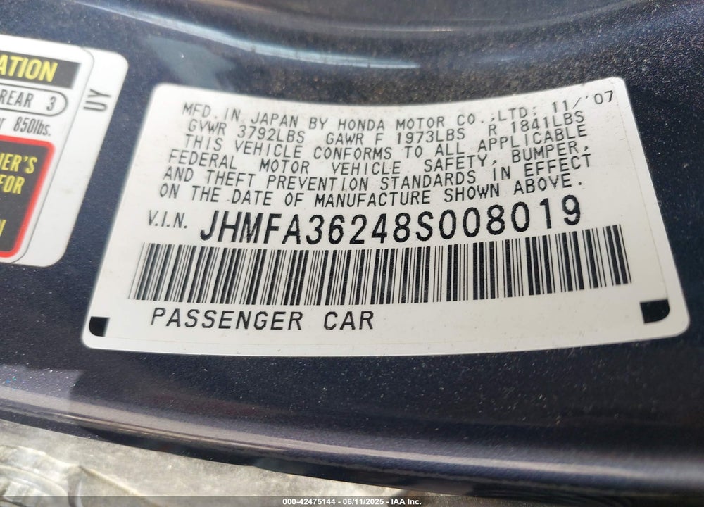 2008 HONDA CIVIC HYBRID VIN: JHMFA36248S008019