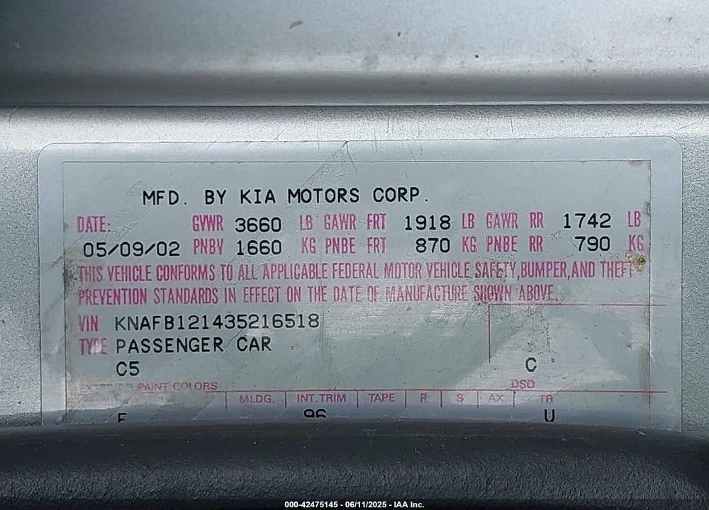 2003 KIA SPECTRA LS VIN: KNAFB121435216518