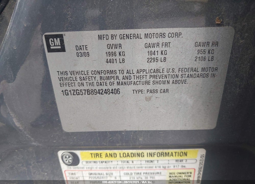 2009 CHEVROLET MALIBU LS VIN: 1G1ZG57B894248406