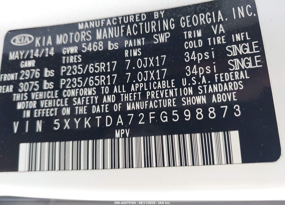 2015 KIA SORENTO VIN: 5XYKTDA72FG598873