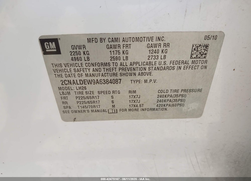 2010 CHEVROLET EQUINOX LT VIN: 2CNALDEW9A6384087