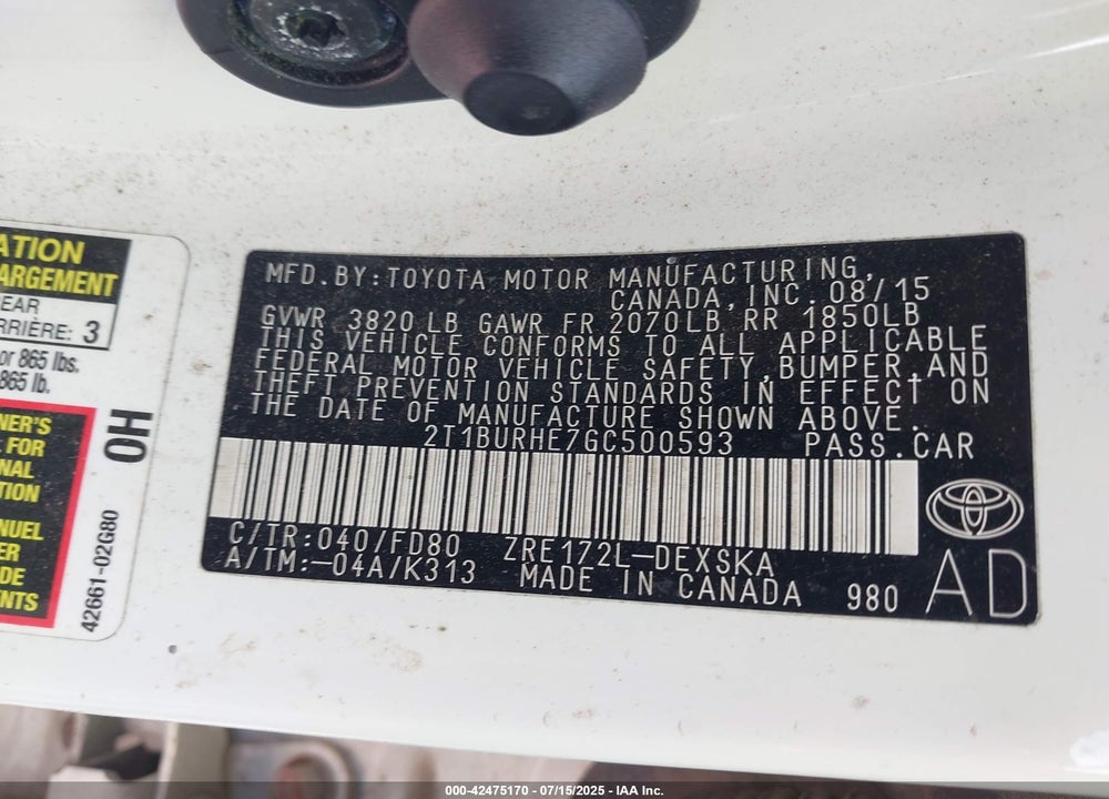 2016 TOYOTA COROLLA VIN: 2T1BURHE7GC500593