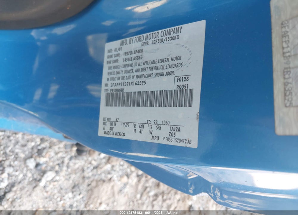 2001 FORD ESCORT ZX2 VIN: 3FAFP11391R163595