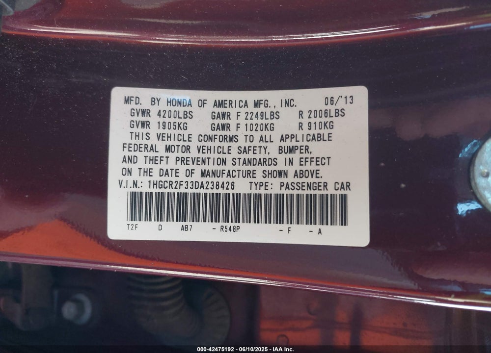 2013 HONDA ACCORD VIN: 1HGCR2F33DA238426