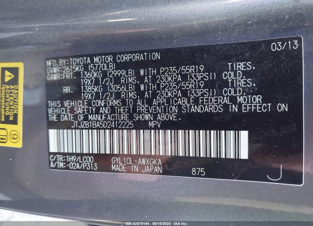 2013 LEXUS RX 450H VIN: JTJZB1BA5D2412225