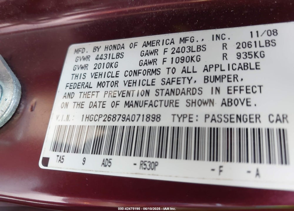 2009 HONDA ACCORD 2.4 EX-L VIN: 1HGCP26879A071898