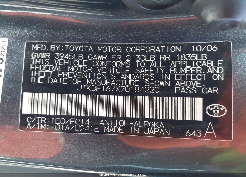 2007 TOYOTA SCION TC VIN: JTKDE167X70184220