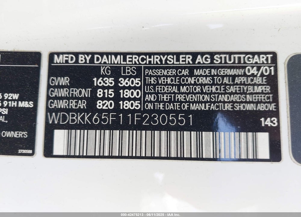 2001 MERCEDES-BENZ SLK 320 VIN: WDBKK65F11F230551