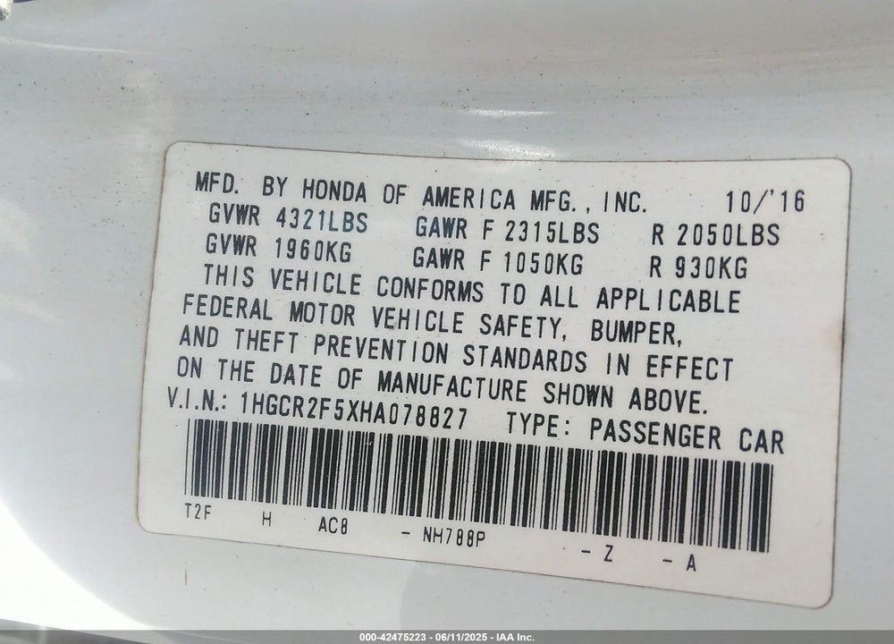 2017 HONDA ACCORD VIN: 1HGCR2F5XHA078827