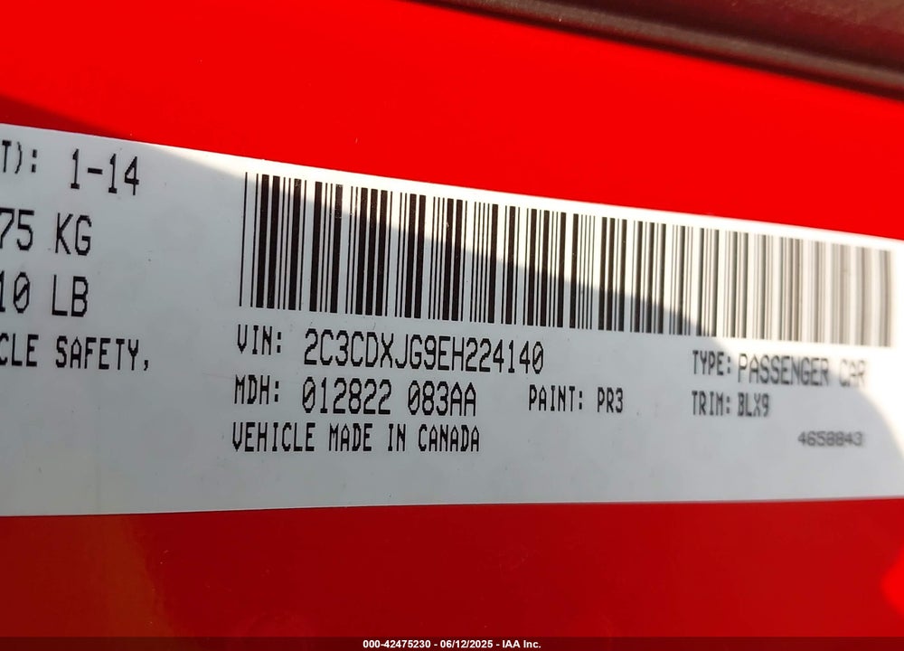 2014 DODGE CHARGER VIN: 2C3CDXJG9EH224140