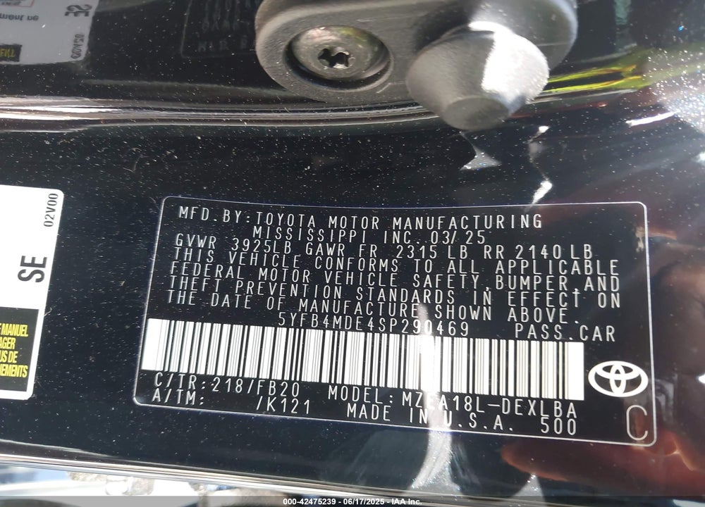 2025 TOYOTA COROLLA VIN: 5YFB4MDE4SP290469
