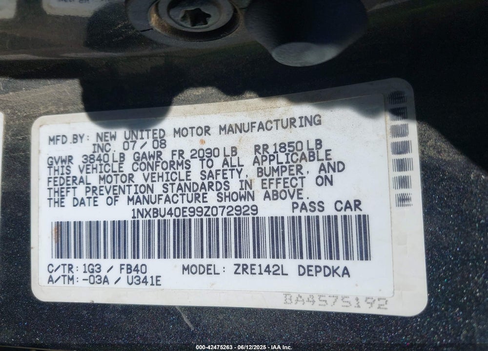 2009 TOYOTA COROLLA LE VIN: 1NXBU40E99Z072929