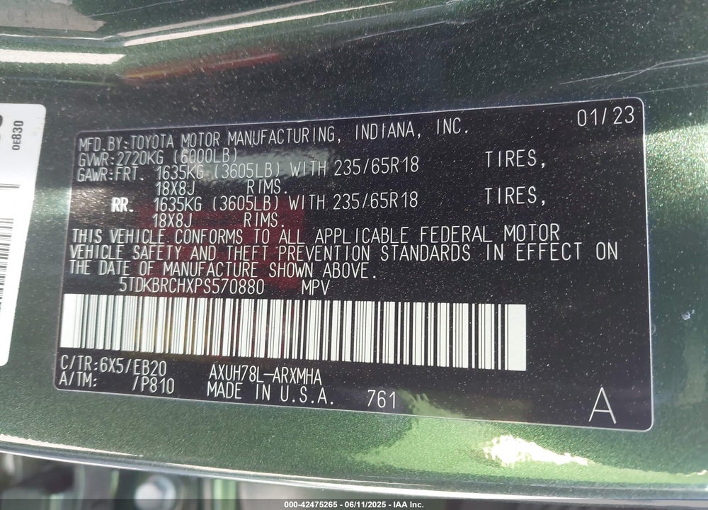 2023 TOYOTA HIGHLANDER VIN: 5TDKBRCHXPS570880