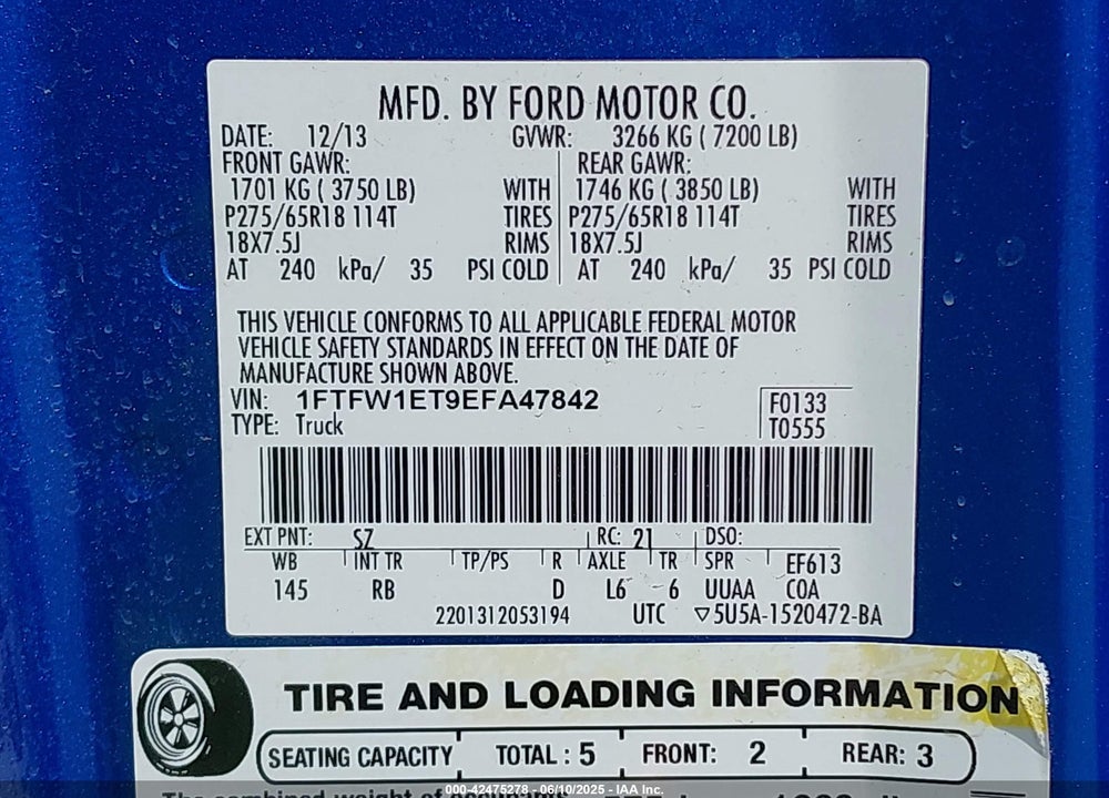 2014 FORD F150 VIN: 1FTFW1ET9EFA47842